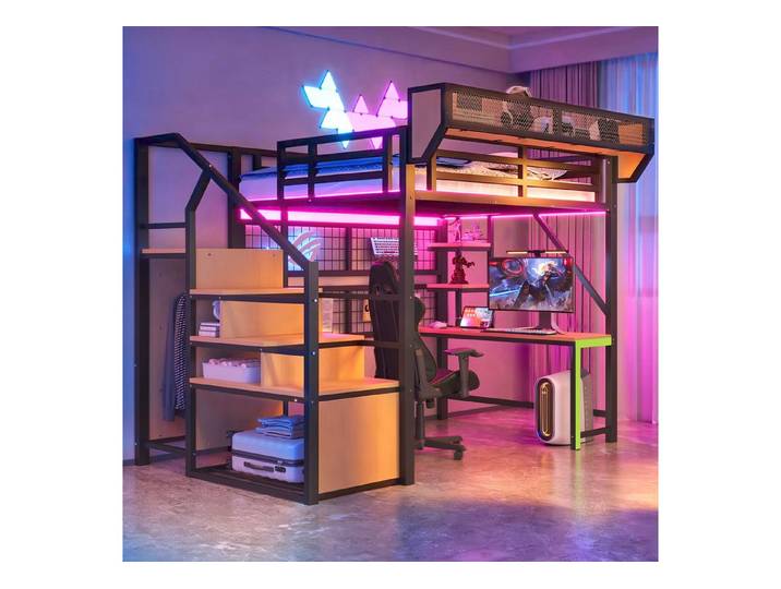 OKWISH Hochbett Kinderbett Stauraumbett (mit Schreibtisch, Regal und Aufbewahrungsnetz, inklusive Sicherheitsleiter, LED-Beleuchtung und Steckdose – Erhöhtes Geländer für mehr Sicherheit, 140x200cm) Inklusive Matratze