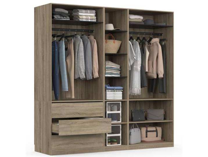 IDMarket - Dressing TAYLOR 200 x 55 x 200 cm hêtre et noir Avec double penderies + 10 étagères + 3 tiroirs\, modulable avec gamme taylor
