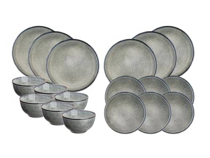 BJORN SR-LEZEN26 Geschirrset Essentials ZEN Kollektion, Steinzeug mit reaktiver Glasur, Blaugrau, 18-teilig, 6 Teller 28 cm, 6 Teller 22 cm, 6 Schüsseln 14 cm