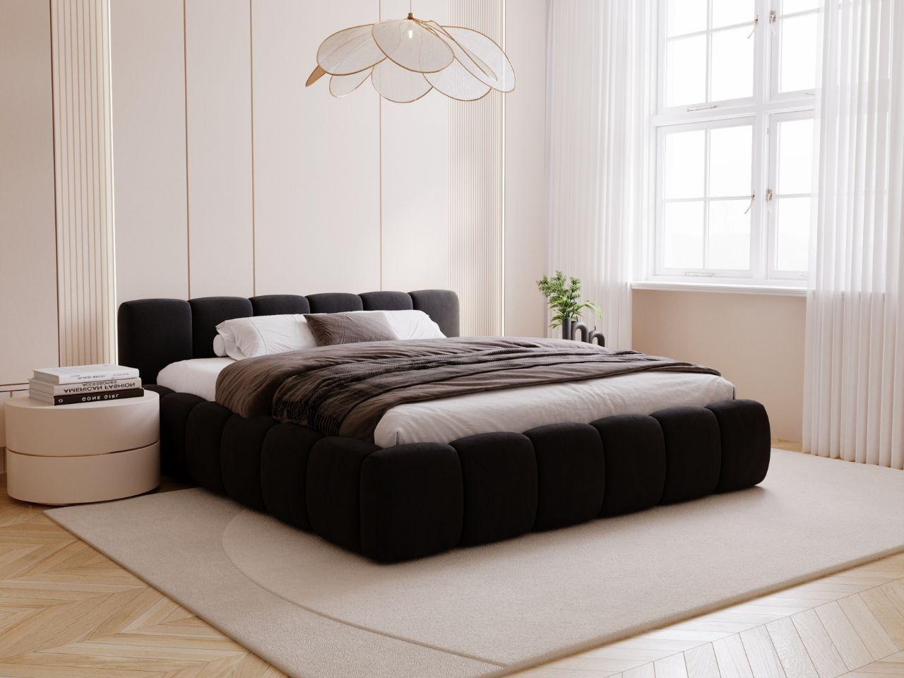 GrainGold Polsterbett Cloud Low 160x200 cm - Bett 160x200, Polsterbett mit Lattenrost und Bettkasten - Bett mit Velvet-Stoff - Schwarz