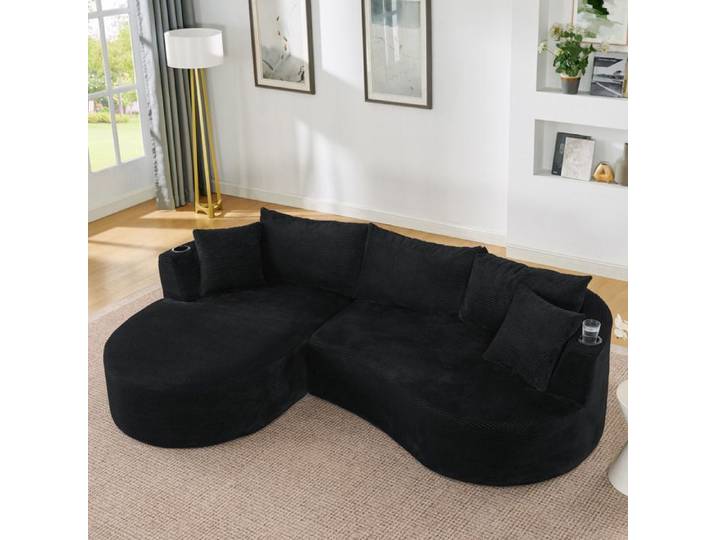 Canape D Angle 3 Places Noir Canape Meridienne Gauche FloraGrace Pour Salon Appartement Avec Porte-Gobelets 264x168x76cm