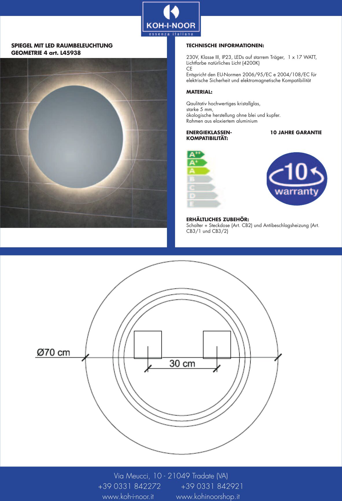Koh-i-Noor Spiegel mit LED Raumbeleuchtung GEOMETRIE 4, L45938, B:Ø70x3,3 L45938