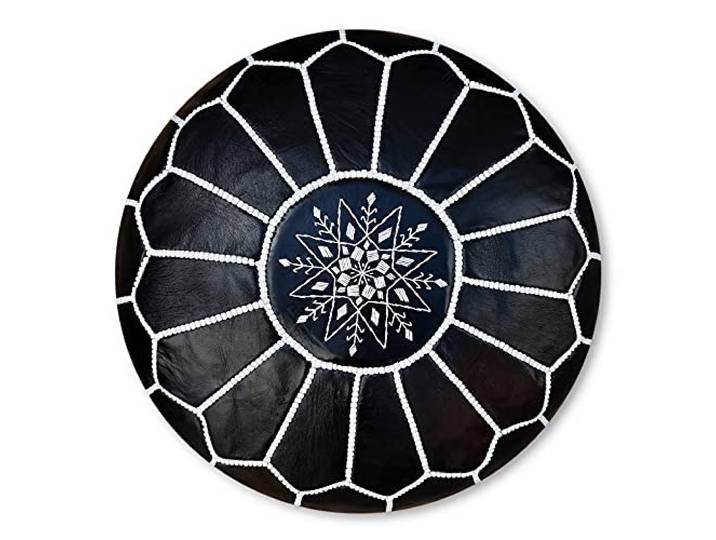 Poufs&Pillows Premium Authentieke Leren Poef - Handgemaakt en stijlvol - Gevuld geleverd, voetenbankje, Osmaans, vloerkussen (Zwart)
