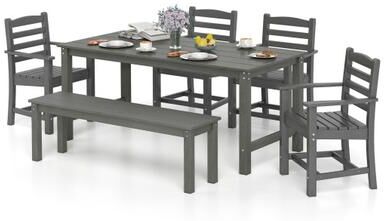 Costway 6 Pieces Patio Dining Bench Set Outdoor HDPE Weather Resistant Table and Chairs Set-Grey