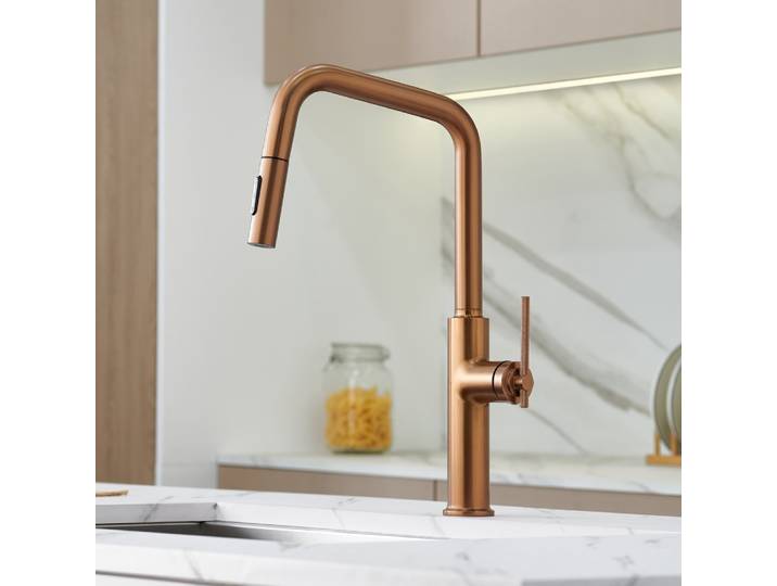 Robinet de cuisine extractible en or Rose brossé, robinet d'évier multifonction pour eau froide et chaude