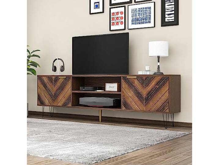 FurnitureR Rustic Floating TV Stand, Brown & Black Design, Innovative Zigzag Doors, Home Entertainment, Easy Installation, Space-Efficient, Modern Style, Durable Wood, Hairpin Legs