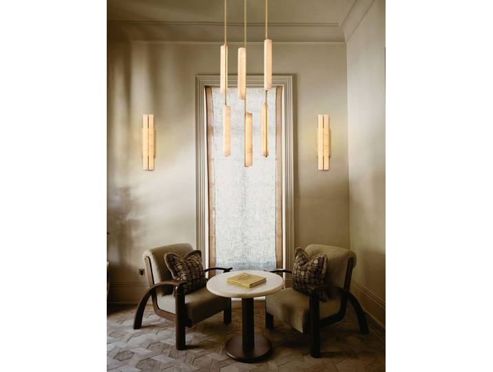 Suspension LED Dimmable Rétro Américaine en Marbre Naturel et Laiton 2026, Luminaire Alabastro pour Salon