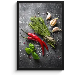 POSTER MIT RAHMEN Pfeffer - Kräuter - Gewürze - Beton Bilder mit Rahmen 40x60 cm