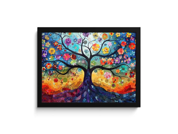 MuchoWow Poster MIT Rahmengerahmtes Bild - Kunst - Baum des Lebens - Blumen - Hippie - 40x30 cm, Dunkelblau, Papier, Rechteckig, 40x30 cm, gerahmt, Bilder & Rahmen, Bilder
