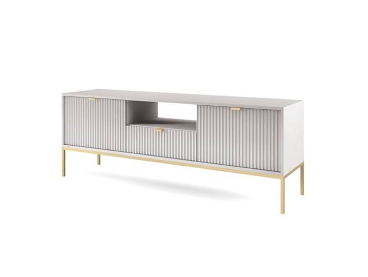 Fernsehschrank Lowboard in grau, Fußgestell goldfarben, Griffe goldfarben