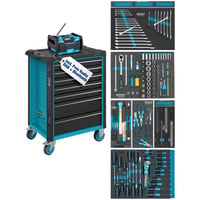 Werkstattwagen Assistent mit Sortiment (179N-7/153EC), Werkzeugwagen blau/schwarz, 153-teilig, inkl. DAB Radio