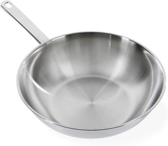 BK-Cookware Wokpan van Roestvrij Staal met 3-Ply Sandwichbodem, Zilver, Ø 28 cm