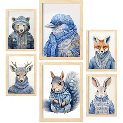 POSTER Set Mit 6 Tiere In Winterkleidung A3 & A4 Rahmen Aus Hellem Holz
