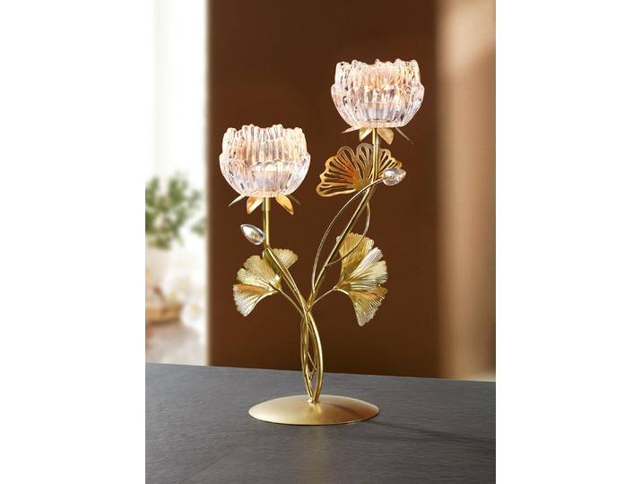 Eleganter Teelichthalter aus Metall und Glas, Gold