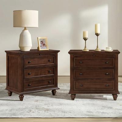 Modern 3-Drawer Nightstand (Set of 2) with Pull Out Tray for Organized Living Spaces