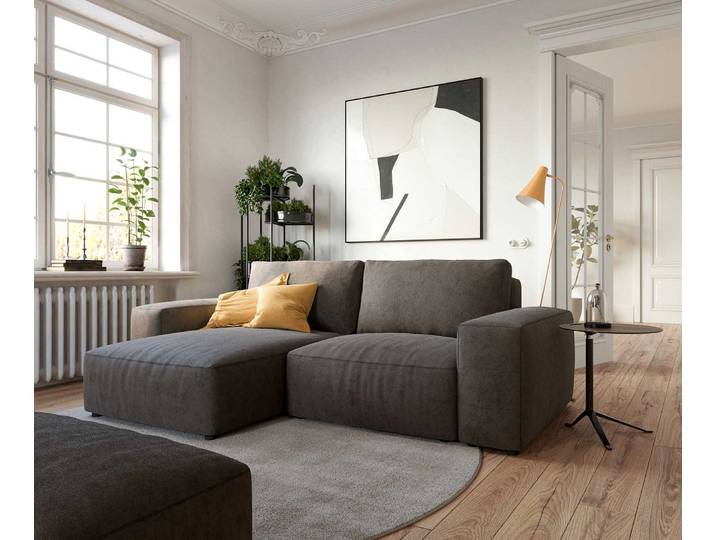 Ecksofa Lanzo 230x155 cm Mikrofaser Khakibraun Recamiere variabel mit Hocker, Ecksofas