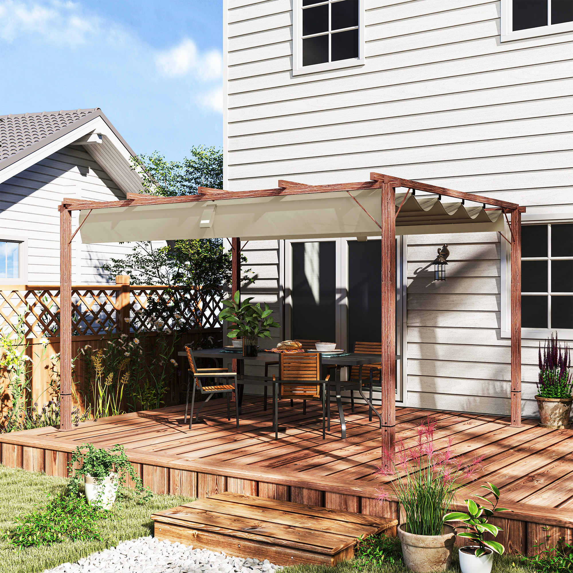 Outsunny Gazebo Pergola con Tetto Retrattile, Picchetti e Viti, in Poliestere e Alluminio, 382x300x232 cm, color Legno