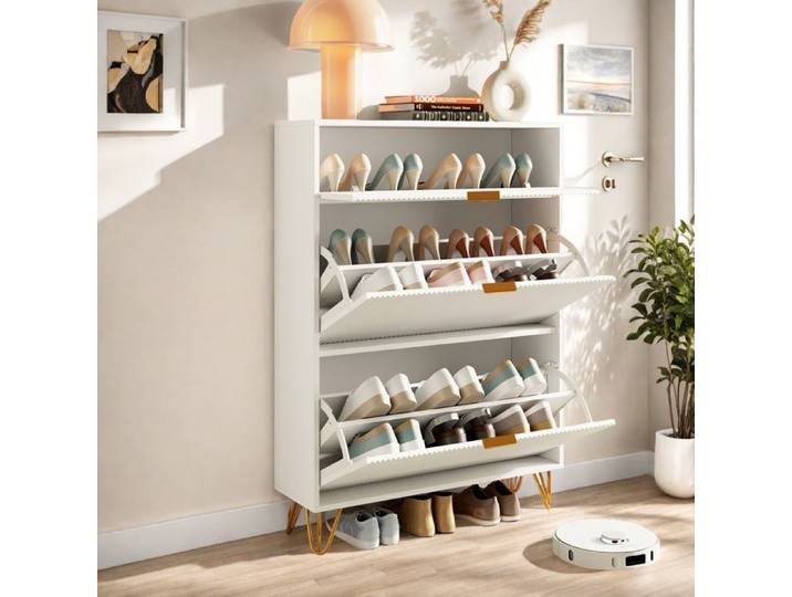 Meuble Chaussure Entree Meuble Chaussure Bois de Rangement à Chaussures Armoire avec 3 Abattants étagère réglable Blanc