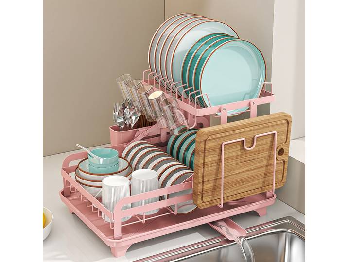 Égouttoir à vaisselle en métal à 2 niveaux, sans Installation, supports à vaisselle robustes pour comptoir de cuisine avec panneau de vidange multifonctionnel