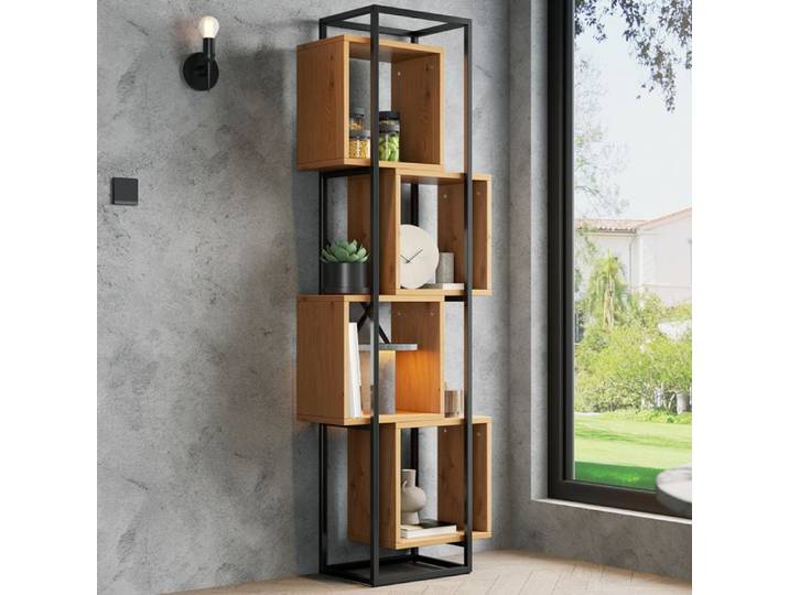 Étagère de présentation - 59×30×180 cm - 4 niches empilable - Plateaux MDF - Cadre métal noir