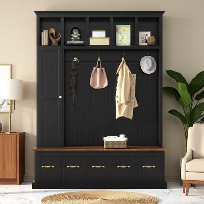 ZWYO HOSIMU All-In-One Hall Tree with Open Cubbies, Sturdy Hanging Hooks and Deep Storage Drawers for Living Room, Entryway