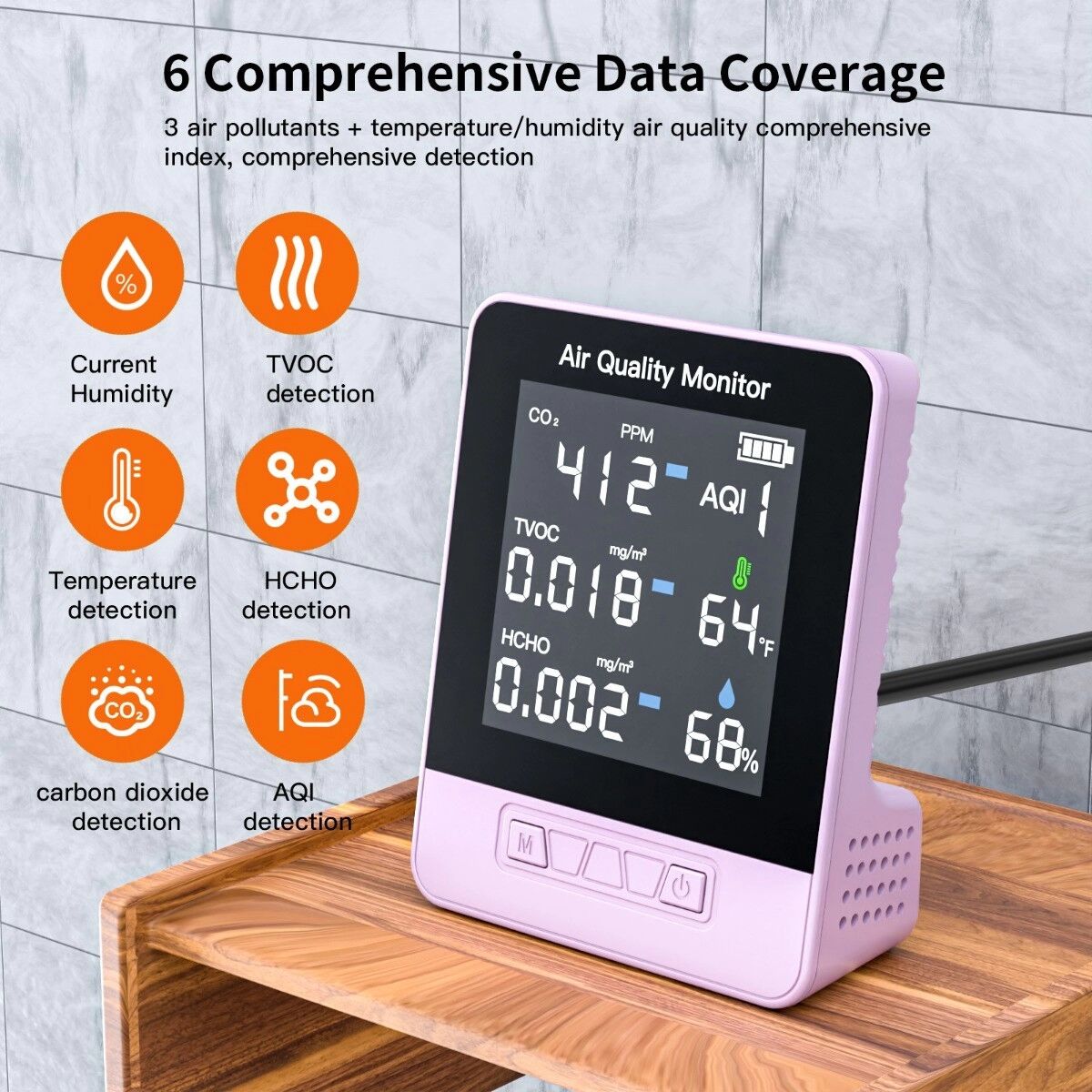 INF 6-in-1-Luftqualitätsmonitor mit TVOC, CO2, HCHO, AQI, Luftfeuchte und Temperaturanzeige Rosa