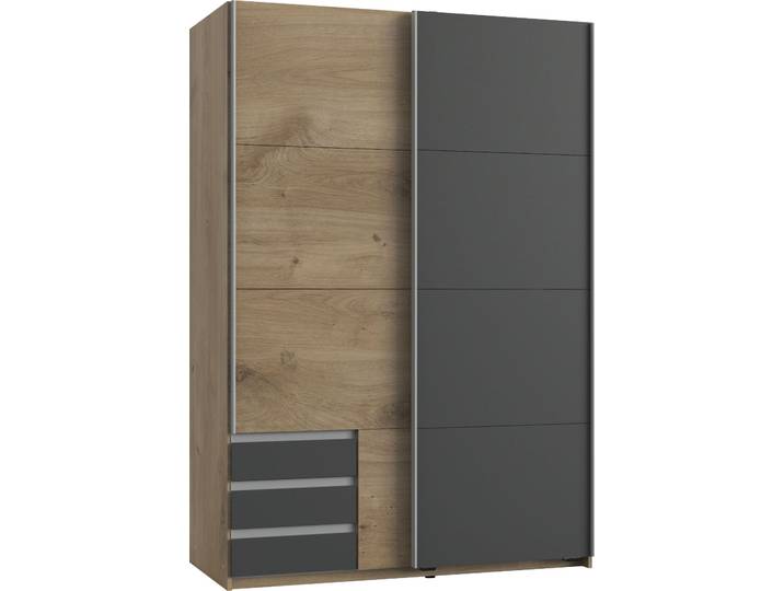 Schwebetürenschrank WIMEX Emden , grau (plankeneichefarben, graphitfarben), B:135cm H:198cm T:64cm, Schränke, Schwebetürenschrank, Mit Aussenschubkästen