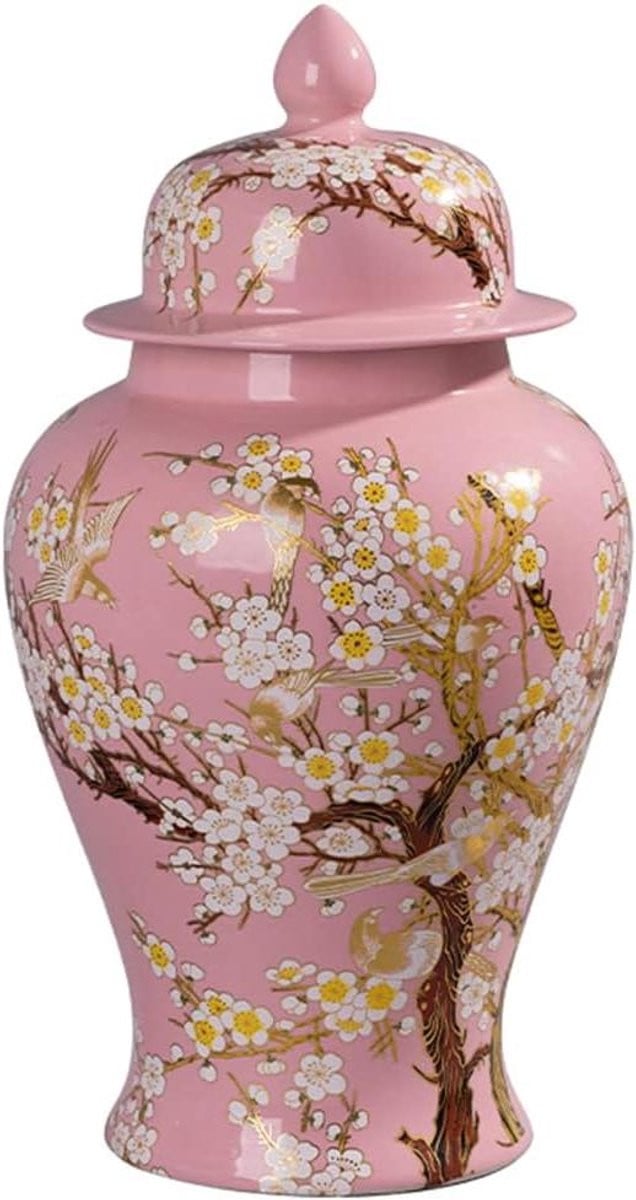 Handgeschilderde Keramische Gemberpot - Decoratieve Porseleinen Vaas - Roze - Groot Formaat
