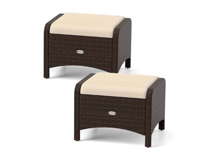 COSTWAY Fußhocker (2er Set), Rattan Sitzhocker mit abnehmbarem Kissen wetterfest 46x54x39,5cm