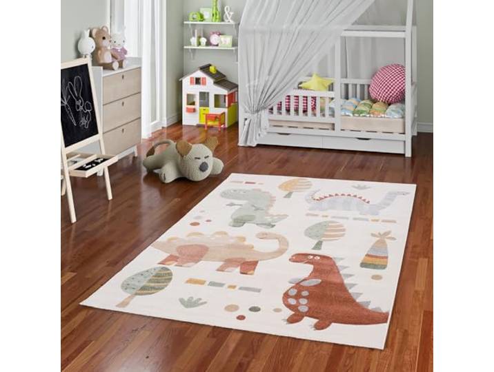 Pergamon Kinder Teppich Maui Kids Dinos Beige Grün - Weicher Spielteppich mit Dinosaurier-Motiven für Kinderzimmer & Spielzimmer, Pflegeleicht und Farbbrillant