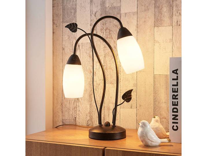 Tischlampe Stefania Lindby, braun / rost, für Wohn- / Esszimmer, Glas, Antik, Tischlampe