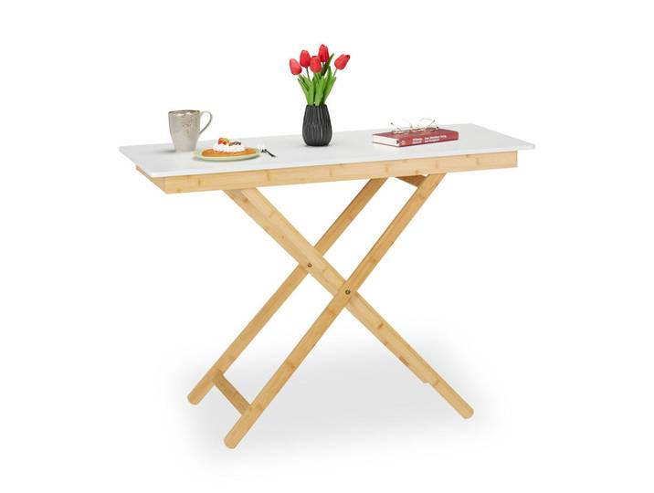 Relaxdays Klapptisch Natur Weiß höhenverstellbar Bambus, Mehrfarbig, Holz, 105x70x50 cm, Gartenmöbel, Gartentische, Gartentische