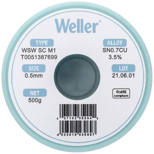 Weller WSW SC M1 Lötzinn, bleifrei Spule Sn0,7Cu 500g 0.5mm