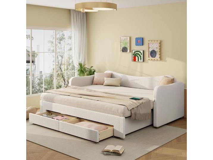 Lit gigogne - GENERIQUE - 90/180x200 Tissu bouclé - 2 tiroirs - Ports USB & Type‑C