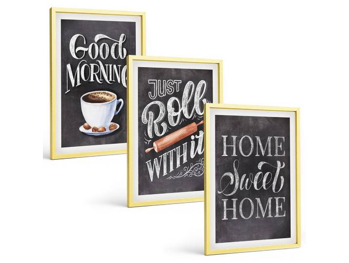 BILDER SET 3er Set - 40x60 cm Goldrahmen - Motive und Inschriften für die Küche