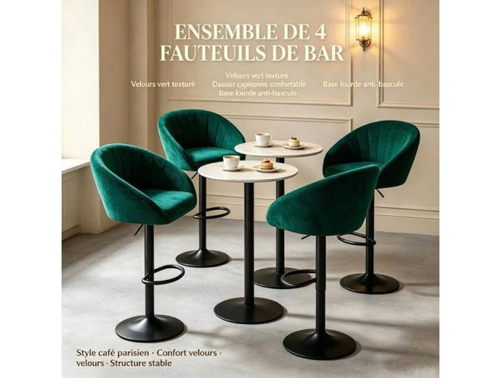 PIPIPOXER Lot 4 Tabourets de Bar Vert Émeraude Réglables Pivotants 360° Ensemble Chaises Tissu pour Cuisine Ouverte et Maison