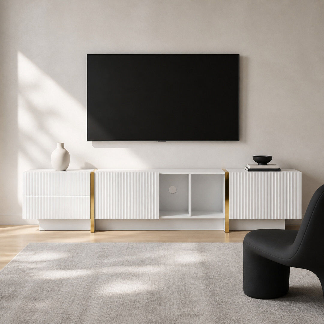 Canora Grey White TV Stand With Gold Accents,Media Console With Cabinets For Living Room Large TVs White;Unfinished 85"