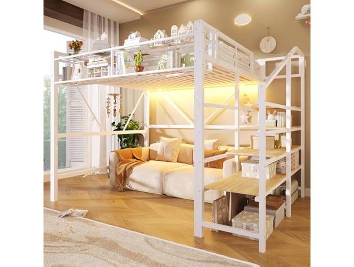 BTM Metall Hochbett 140x200 mit Stauraum, Regal, Aufbewahrungskorb & LED Lichtleiste Hochbett Jugendliche mit Treppe, Weiß