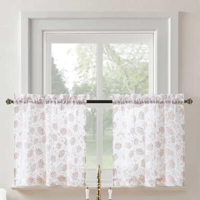 No. 918 Jacqueline Tonal Floral Puff Print Semi-Sheer Rod Pocket 2-Piece Kitchen Curtain Tier Pair