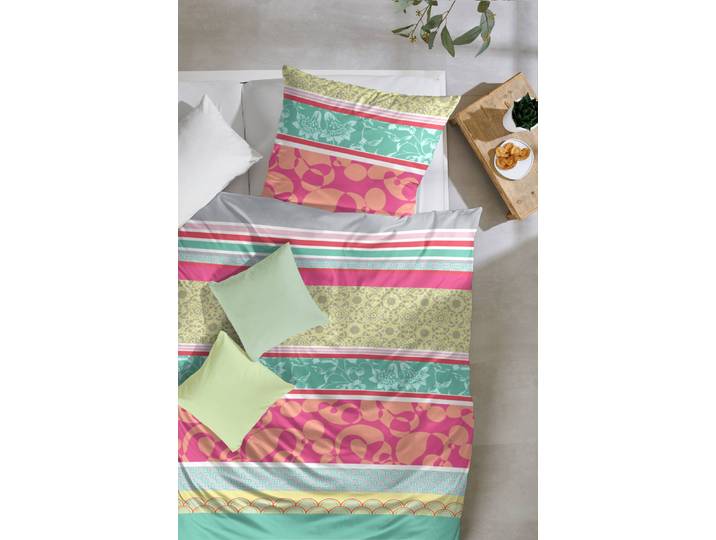 Parure de lit en coton Ornamental Stripe 135 x 200 cm + oreiller 80 x 80 cm Vert/Rose foncé/Gris/Rose foncé