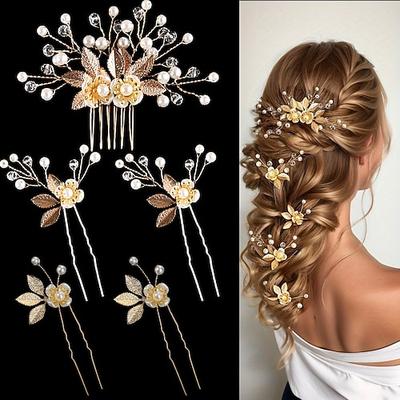 5 Stück goldene Blatt-Haarnadel, Blume, Perle, Braut-Haargabel, Kopfbedeckung, Vintage-Hochzeit, Damen, elegante Dekoration, Haar-Accessoires