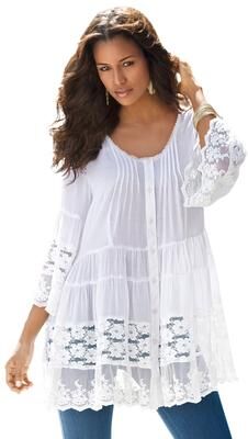 Plus Size Women's Lace Illusion Blouse by Roaman's in White (Size 40 W) Long Shirt Blouse