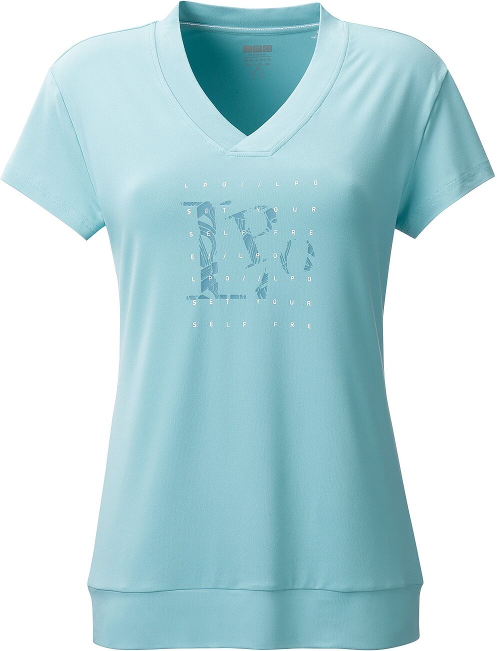 Funktionsshirt LPO "Da-Funktionsshirt Brietta", Damen, Gr. 46 (L), blau (aquarelle), Jersey, 90% Polyester, 10% Elasthan, regular fit hüftbedeckend, V-Ausschnitt, offene Kante, Shirts Funktionsshirt, Mottodruck, Stretchbündchen aquarelle 46 (L)