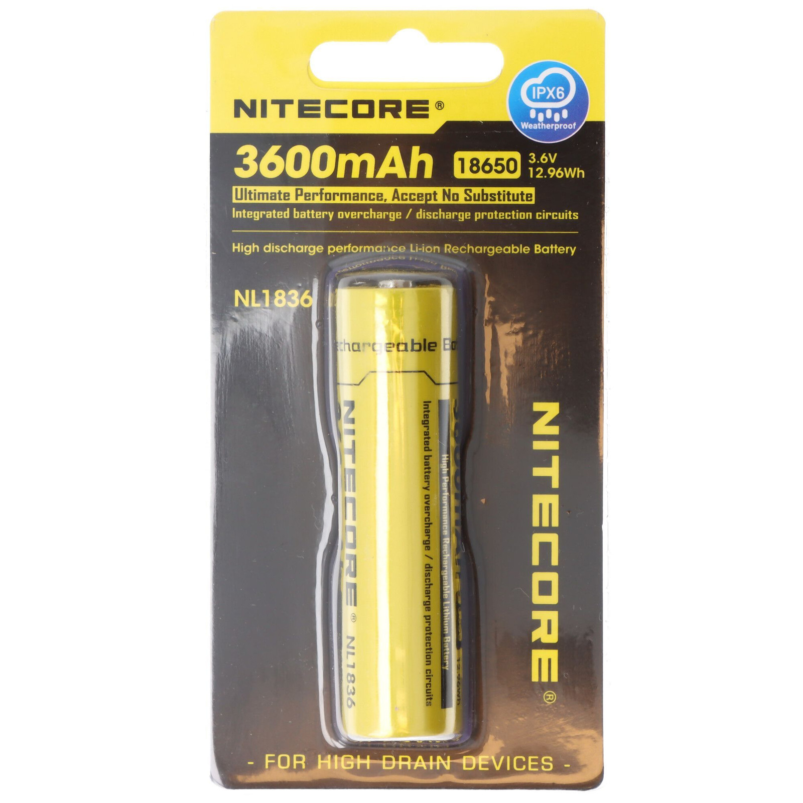 Nitecore NL1836R Li-Ion batterij 18650 3600mAh met USB-C oplaadpoort en laadindicator