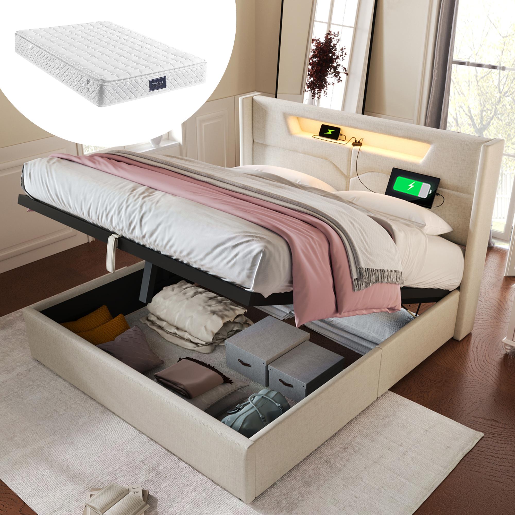 Polsterbett LED Doppelbett mit USB Typ C Ladefunktion und LED-Beleuchtung