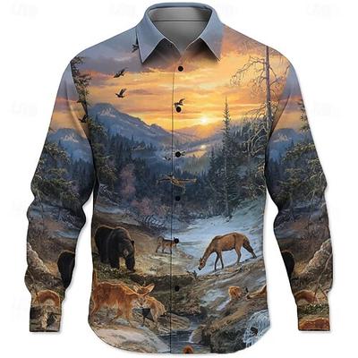 Herren Tiermotiv Tierwelt Natur Landschaft Hemd Knopfhemd Langarm Ethnisch Vintage-Retro Outdoor Campen und Wandern Jagd Frühling Herbst Umlegekragen 3D-Druck Leinenähnliches Hemd Blau