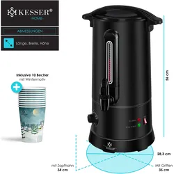 Kesser Glühweinkessel 10L Edelstahl Inkl. 10x Becher Glühweinkocher, Einkochautomat, Schwarz