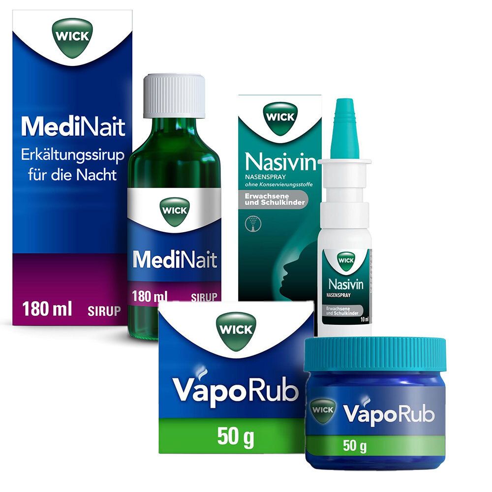 Wick MediNait Erkältungssirup für die Nacht + VapoRub Erkältungssalbe Nasivin 1 St Set
