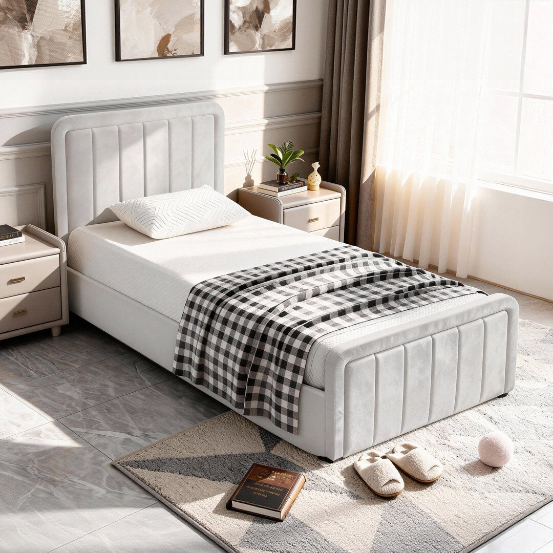 Wade Logan Altgeld Upholstered Velvet Lift Up Storage Bed Cream Single (3')