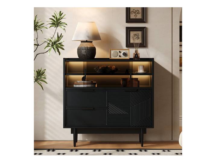 Celya Kommode Ablageschrank, Badezimmerschrank, Sideboard mit Lichtleiste, 80 cm breit, Glastür